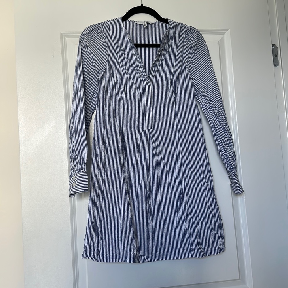 & other stories pinstripe blue and white seersucker mini dress long sleeve xs